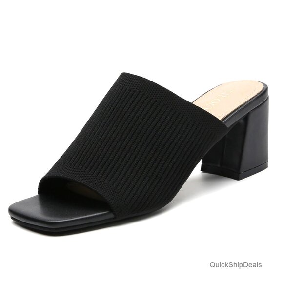 Knit Heeled Sandals Square Toe Mules with Chunky Block Heel